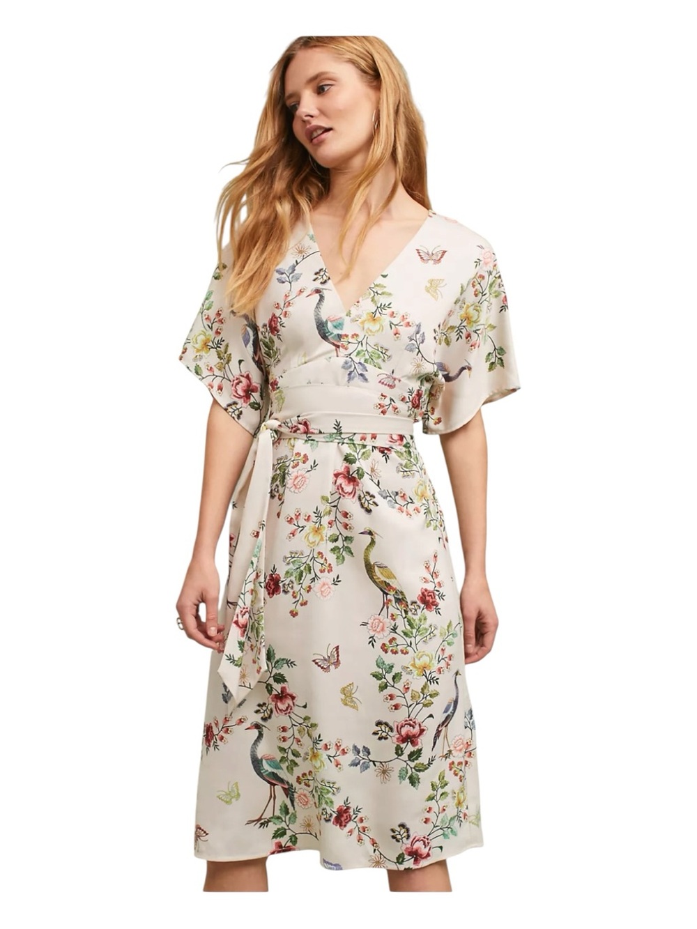 Ivory Avian Floral Wrap Kimono Midi Dress by dRA LA Anthropologie size 2P
